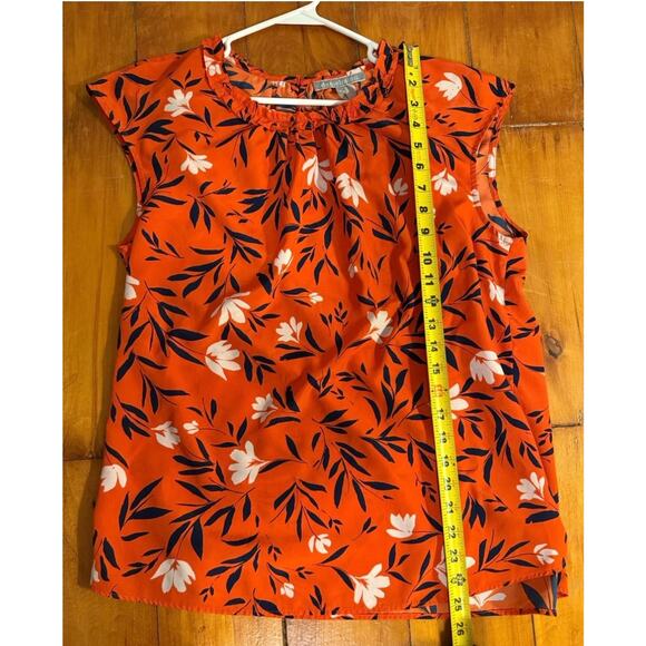 Daniel Rainn Top Pullover Orange Floral Print Ruched Neckline - Size Large - Picture 5 of 6